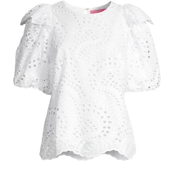 Lilly Pulitzer Tops - Lilly Pulitzer Aleena Elbow Sleeve Eyelet Top Sz S Preppy Ruffle White Beachy